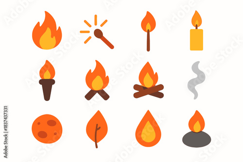 Stone campfire smoke matchstick vector icon log leaf minimalist fire candle flame