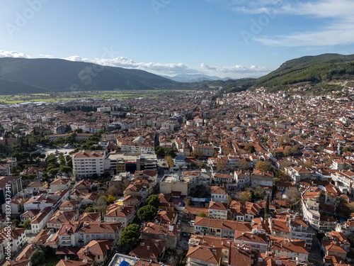 Mugla city aerial view showing traditional houses and castle