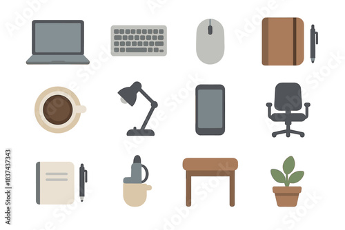 Coffee pen minimalist icons desk phone trackpad laptop vector workspace icon keyboard