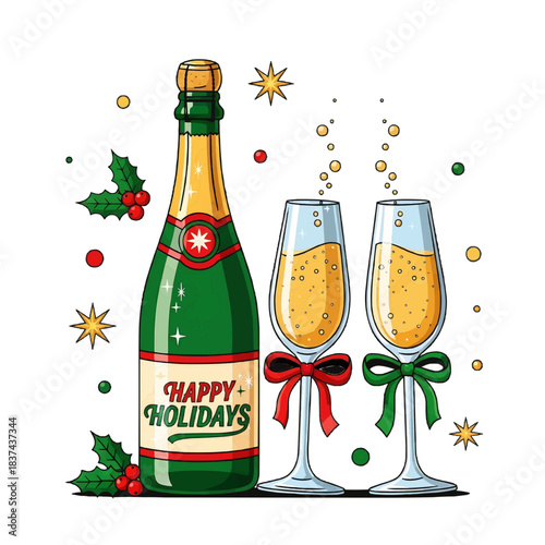 Cheers to festive celebration with champagne bottle and flutes, festive holiday season with bow ties and stars