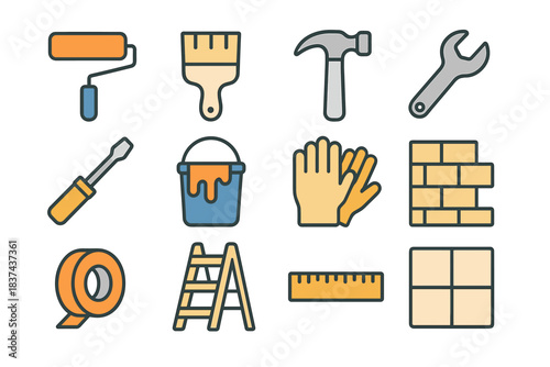 Gloves screwdriver icons wrench paint home renovation vector ruler hammer icon brush