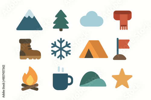 Scarf tree boot snowflake star collection icons pine hill vector winter peak