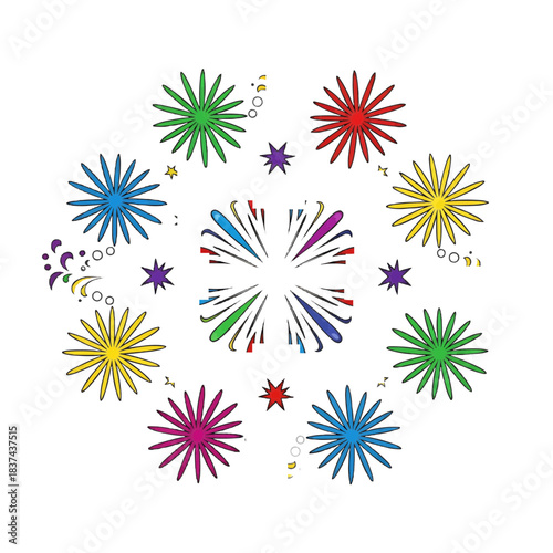 Vibrant and colorful fireworks display in a circular pattern, with various shades lighting up the sky 