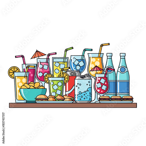 Assortment of refreshing drinks and snacks displayed on a wooden shelf