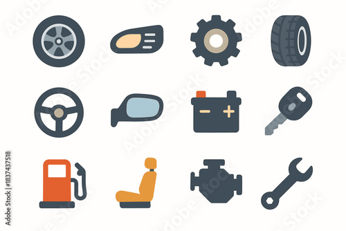 Minimalist icon parts mirror vector auto wrench headlight fuel engine seat battery