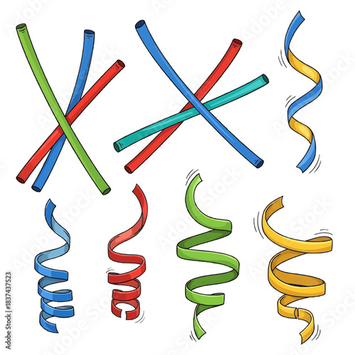 Colorful, swirly, and playful decorations suitable for a festive occasion. Featuring twisted ribbons, streamers and swirls, capturing energy and celebration