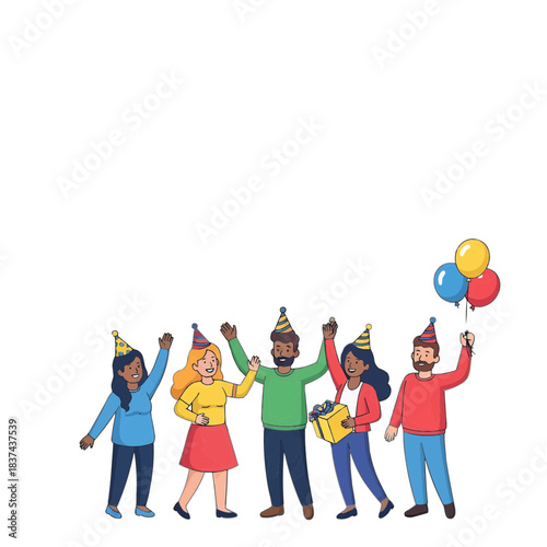 Party goers celebrate with joy, holding balloons and gifts with party hats on