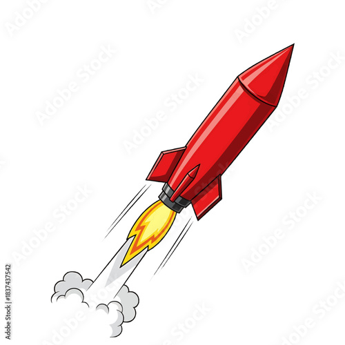 A rocket launching into space with a trail of smoke and flames