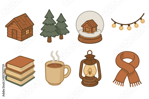 Cozy Winter Icons. Cozy Window Vignettes flat icons: miniature cabin, pine trees, snow globe, fairy lights, stacked books, mug with steam, lantern, scarf