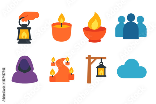 Vibrant Light Icons. Outdoor Light Processions modern flat vector icons: hand lantern, candle cup, flame bowl, crowd silhouette, soft cloak, pathway glow, rustic pole, gentle cloud
