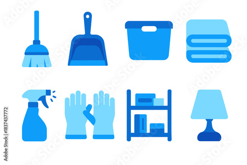 Winter Cleaning Icons. Winter Fresh Start modern flat vector icons: broom, dustpan, storage bin, folded towel, spray bottle, glove pair, tidy shelf, soft lamp