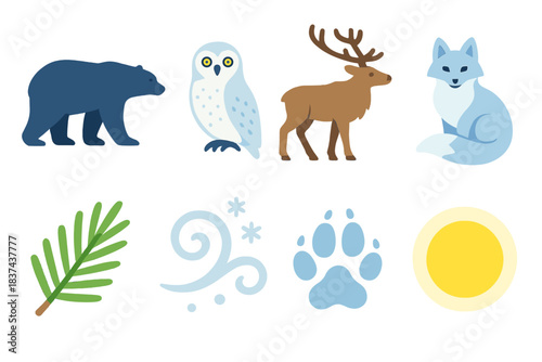 Arctic Wildlife Icons. Arctic Wildlife Icons modern flat vector icons: polar bear silhouette, snowy owl, caribou, arctic fox, pine sprig, frost swirl, snowy footprint, moon glow