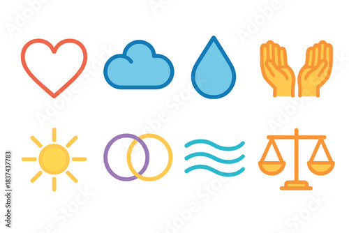 Emotional Stability Icons. Emotional Stability Practice modern flat vector icons: heart outline, soft cloud, water droplet, open hands, warm sun, intertwined circles, breathing