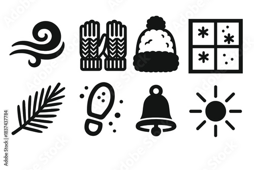 Winter Icon Set. Winter Breeze Feel silhouette set: swirling gust, knitted gloves, fluffy hat, frosted window, pine branch, snowy footprint, tiny bell, gentle beam