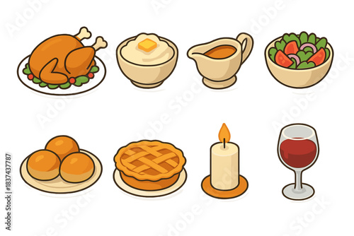Isometric Holiday Feast Icons. Holiday Dinner Spread flat icons: roast turkey, mashed potatoes, gravy boat, salad bowl, bread rolls, pie, candle, wine glass