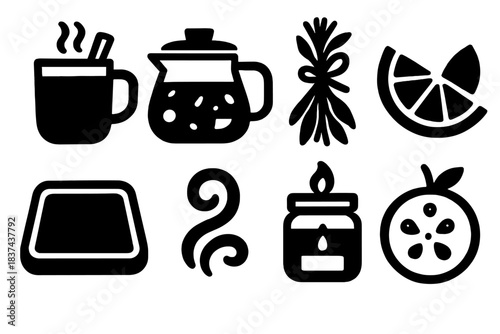 Warm Beverage Icons. Warm Seasonal Beverages silhouette set: mulled drink cup, glass kettle, herbal bundle, citrus wedge, wooden tray, steam swirl, candle jar, fruit garnish
