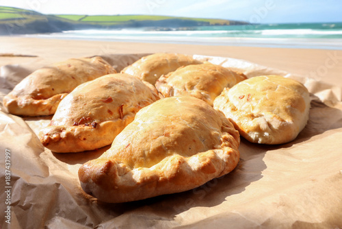 Cornish pasties on a beach picnic with the Cornish coastline and beach in the background
