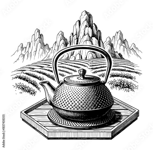 Cast Iron Teapot on Wooden Tray with Tea Fields and Mountains. Hand Drawn Black and White Line Art Illustration with Engraving Details.