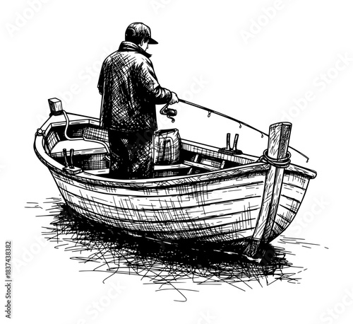 Fisherman in a Rowboat with Fishing Rod. Hand Drawn Ink Sketch in Vintage Style on White Background.