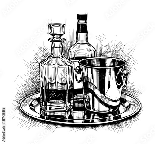 Decanter, Bottle, and Ice Bucket on Tray. Hand Drawn Ink Sketch in Classic Vintage Style.