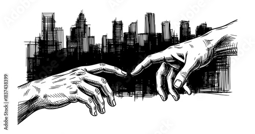 Two Hands Reaching in Front of Urban Skyline. Detailed Ink Sketch with Crosshatching.