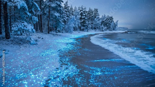 Bioluminescent blue plankton particles glowing brightly on the snow-covered beach by the ocean edge in a winter forest