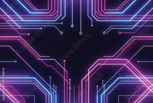 Bright lines form a circuit design on a dark background. The shapes and colors suggest a modern and digital theme. The artwork highlights technology through its vibrant layout