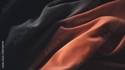 Abstract Flowing Fabric Waves with Warm Orange and Dark Tones.
