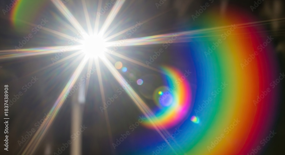 Fototapeta premium Bright sunlight flares with a rainbow spectrum, creating a vibrant lens flare effect against a dark background