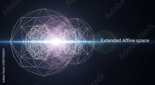 Abstract geometric shapes and light effects in an extended affine space on a dark background