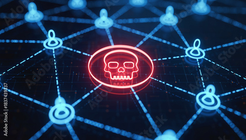 Cybersecurity Skull: A stark visual representation of a digital threat, showcasing a skull symbol at the core of a network of interconnected users, emphasizing vulnerability in the age of cybercrime.