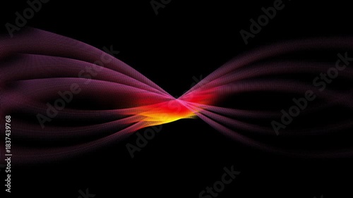 On a black background, abstract plumes of particles flow smoothly, reminiscent of iridescent fabric woven from light waves. The transitions from pink to orange create an effect of movement and depth, 