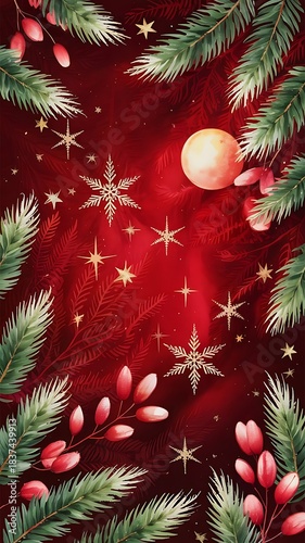 Red Holiday Christmas Background with Snowflakes and Stars