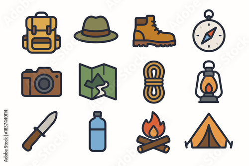 Adventure icon map knife lantern bottle hat tent vector boots icons outdoor