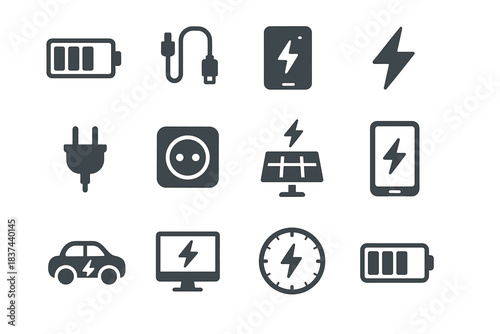 Clock power charging bar vector bolt battery lightning socket bank icon set