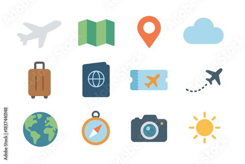 Icons path compass airplane icon ticket grid vector flight map travel cloud