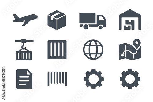 Truck cargo container globe flight icons airplane route icon crane gear vector