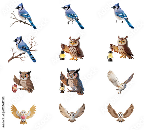 png set of icons featuring blue jays and owls perched on branches, illuminated by lanterns.