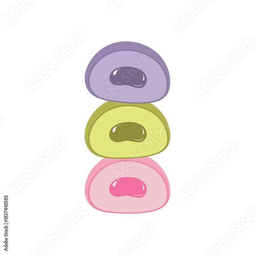 Mochi, a traditional Japanese sweet dessert made from rice flour. Three different colored desserts with fillings. Isolated vector illustration on a white background.