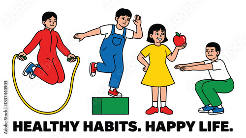 Active Diverse Kids Promoting Healthy Lifestyle Choices Jumping Rope Exercising Eating Apple Achieving Fitness Goals for a Happy Life