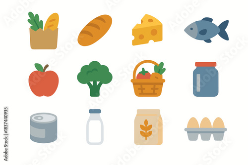 Bag bottle food jar can market fish vegetable egg vector icons icon