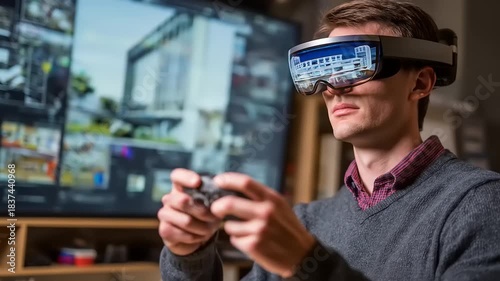 Man playing video game with virtual reality headset and controller.