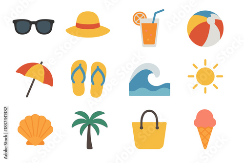 Summer sun sunglasses ball icon collection palm vector icons hat wave tree