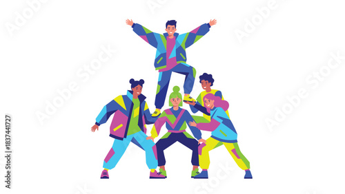 Diverse Group of People Building Human Pyramid Youth Team Spirit Energetic Outdoor Activity Bright Colorful Outfits Fun Recreation