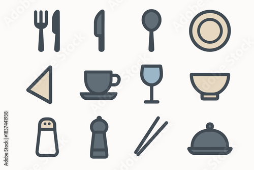 Plate shaker grinder icons chopsticks napkin pepper cutlery vector minimalist cup salt