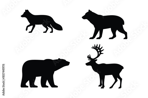 Silhouettes of forest animals including fox bear deer and wolf