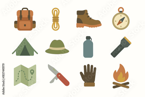 Compass flashlight gear tent hiking rope boot icons vector glove map icon
