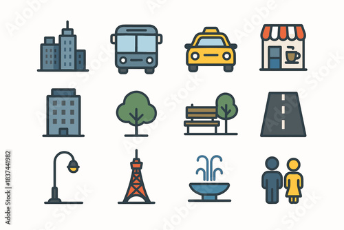 Bench tree icon vector city people skyline light bus modern post