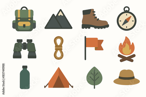Outdoor bottle backpack adventure compass campfire boot flag vector icon icons hat