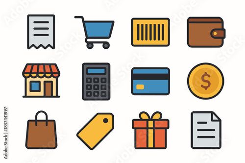 Tag coin barcode icon price collection calculator cart store retail vector shopping